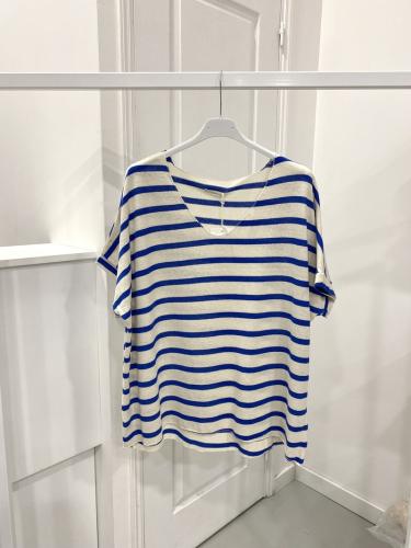 (w) Striped Cotton V-Neck T-Shirt blue
